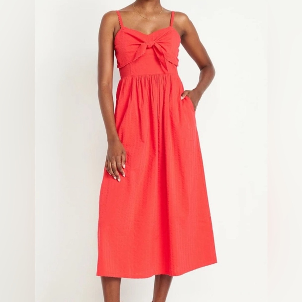 Old Navy Coral Red Midi Dress with Front Knot
